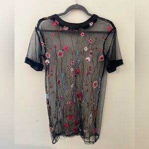 Floral Embroidered Sheer Black Shirt Tunic